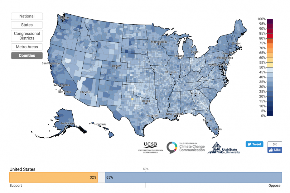 The majority of Americans -- and the majority of every county but one -- oppose drilling in the Refuge. From the Yale Climate Opinion Maps of 2018.